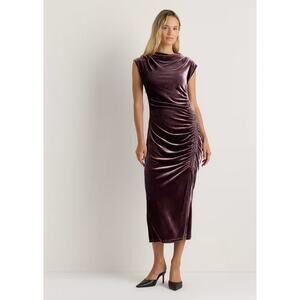 Quince Stretch Silk Velvet Ruched Midi Dress Wine Tasting Red Size 16